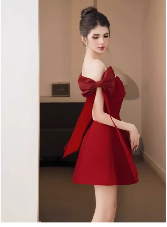 Robe de soirée trapèze rouge à épaules dénudées et nœud, nouvelle collection tendance, DP5838