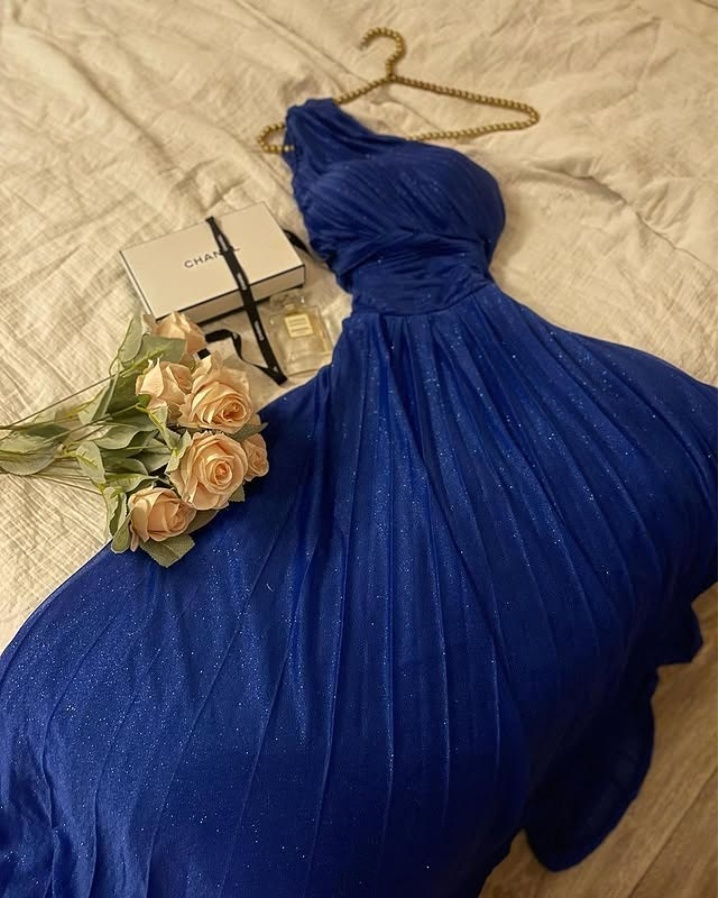 Robe de soirée longue bleu roi asymétrique, coupe trapèze, DP3328