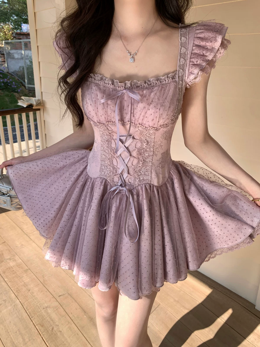 Cute Dusty Purple Polka Dot Tulle Corset Ruffle Strap Square Neck A-Line Homecoming Dress DP8767