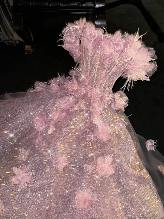 Glittering Pink Off-Shoulder Sequin Tulle 3D Floral Feather Homecoming Dress Party Dress Cocktail Dress DP7318