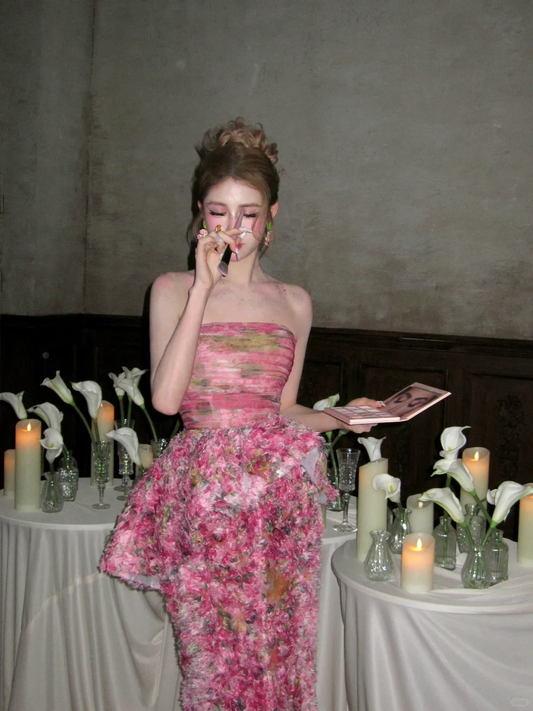 Vintage Pink Floral Strapless Mermaid Design Elegant Prom Dress Evening Dress DP6249