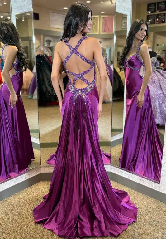 Luxury Purple Beaded Satin Evening Gown Open Back Mermaid Prom Dress DP8007