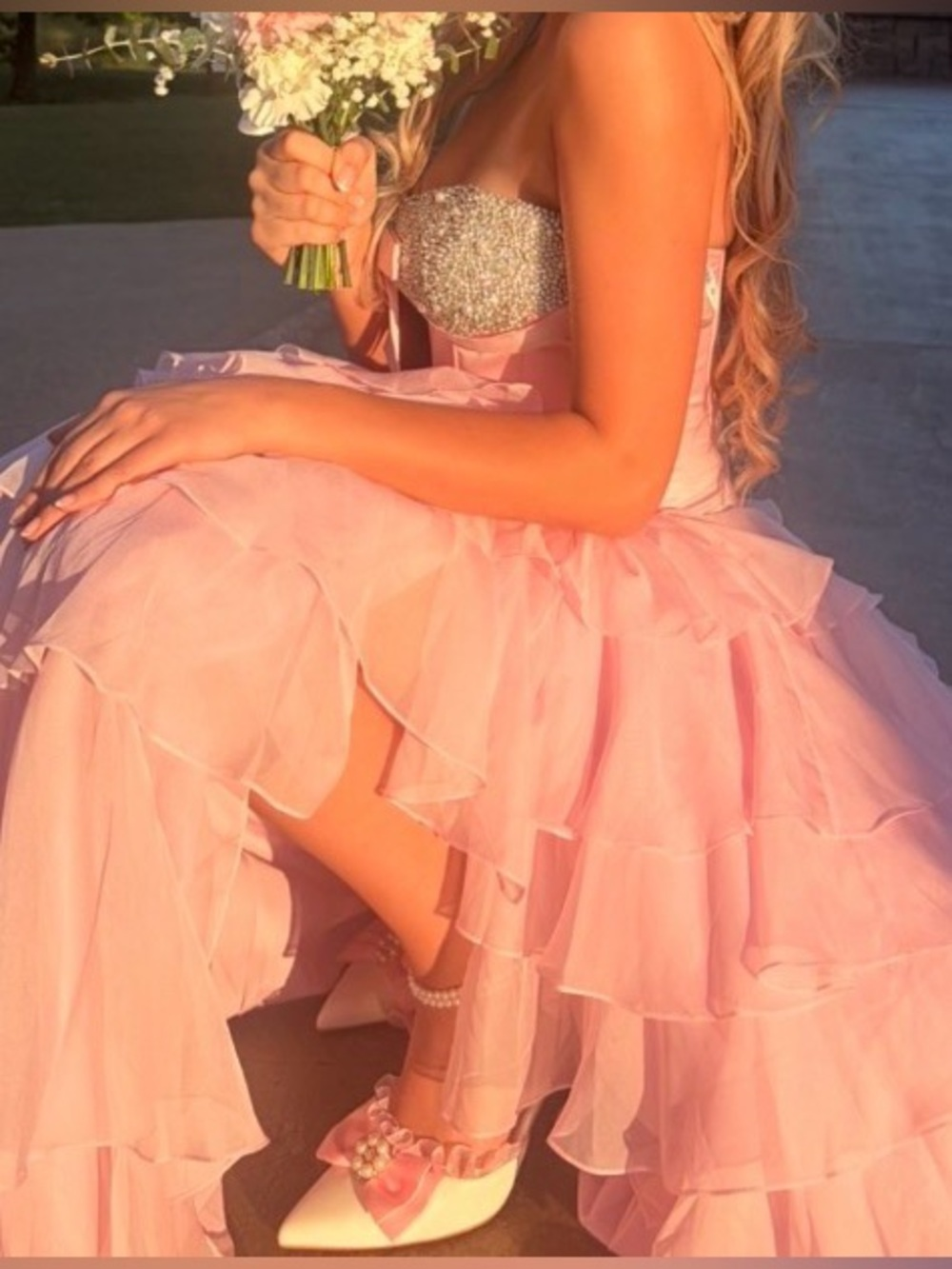 Elegant Pink Strapless Tulle Beaded Bow Corset Bodice Tiered Ruffle High Slit Sweet 15 Quinceanera Ball Gown DP8370