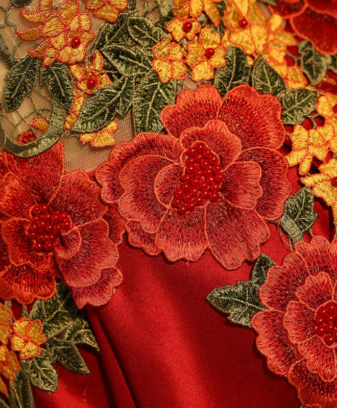 Vintage Red Floral Embroidery Design A-line Lace-up Satin Party Dress Homecoming Dress DP6070