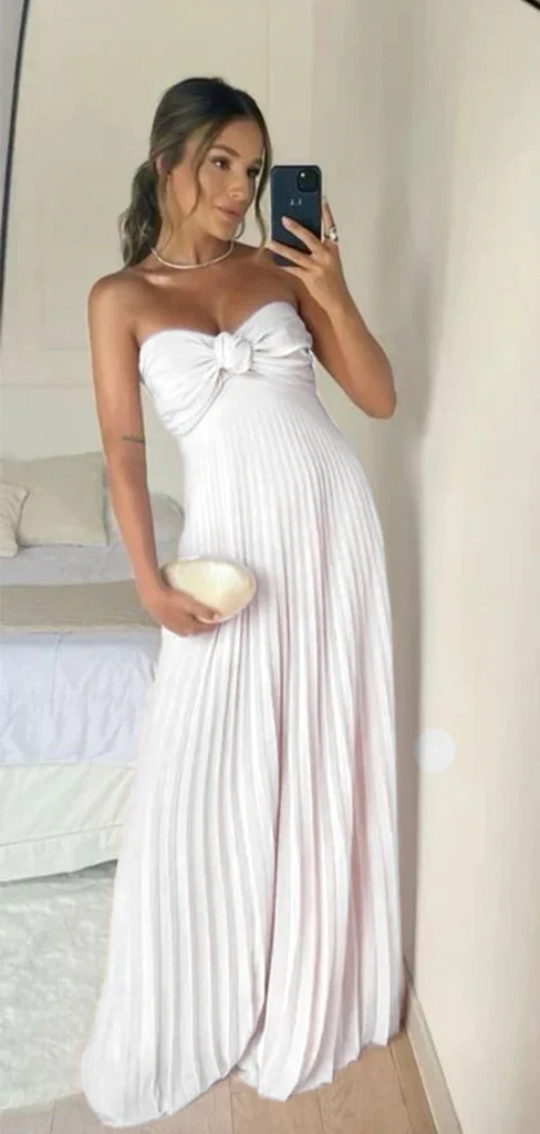 Pink Strapless A-Line Pleated Elegant Long Prom Dress Wedding Guest Dress, DP3372