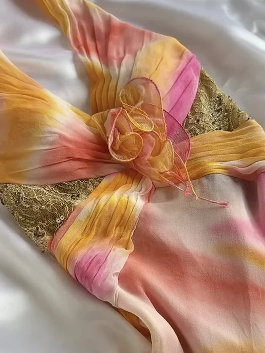 Vintage Chiffon Halter-neck Prom Dress Sheath Ruffled Evening Dress Formal Dress DP6656