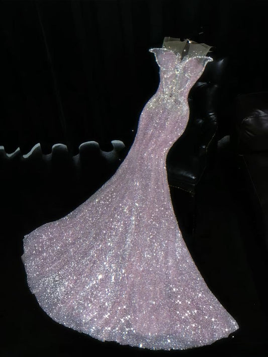 Vintage Pink Glittering Sequin Prom Dress Mermaid Evening Gown Butterfly Party Dress Long Formal Dress DP6892