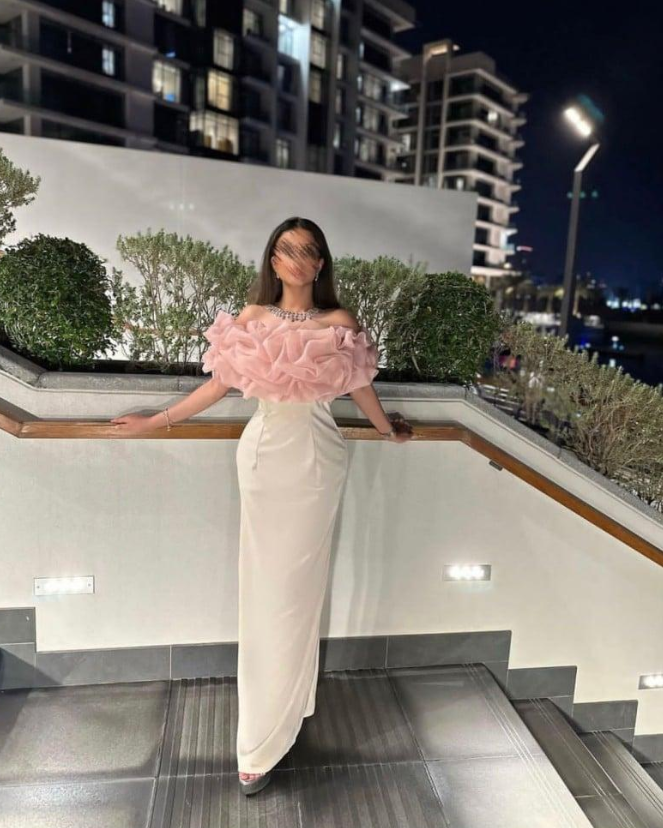 White and Pink Off Shoulder Mermaid Long Evening Party Dress, DP3155