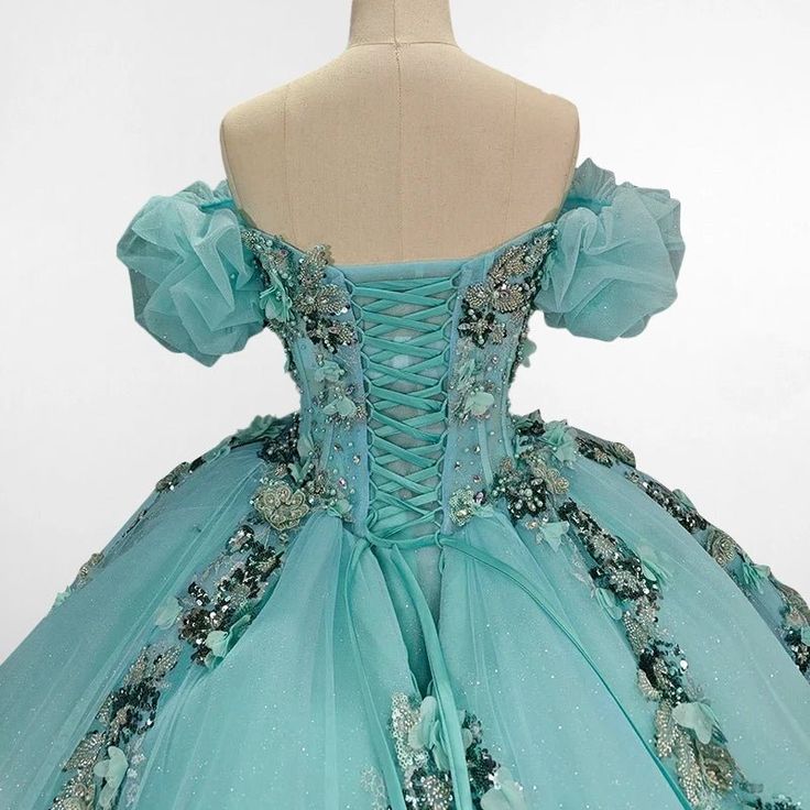 Glamorous Light Turquoise Off-Shoulder Beaded Applique Tulle Quinceañera Ball Gown DP7138