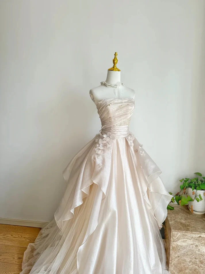 Pearl Pink Strapless A-Line Tulle Long Party Gown with Pearls,DP1621