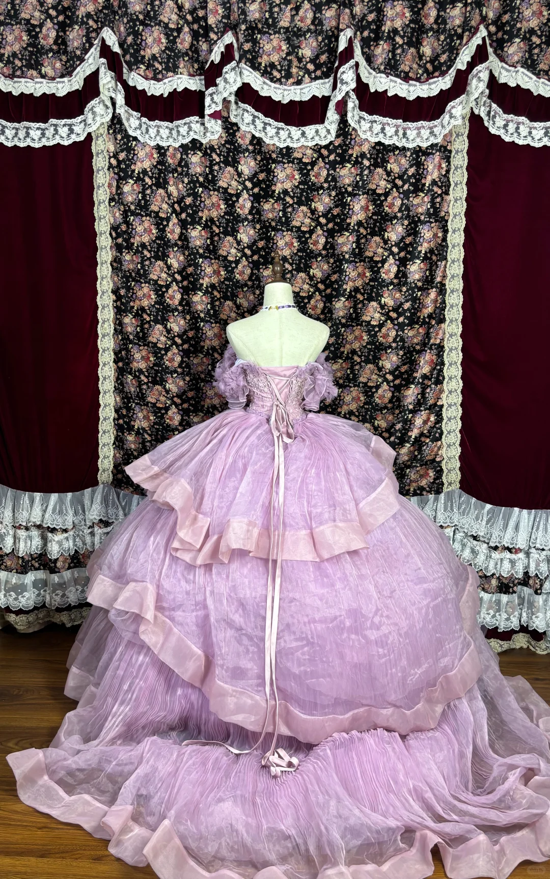 Elegant Lavender Off-Shoulder Tiered Ruffled Beaded Bodice A-Line Quinceañera Ball Gown DP7071