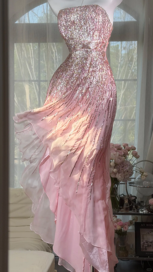 Elegant Pink Strapless Sequin Mermaid Ruffled Tulle Evening Dress Prom Dress DP8118