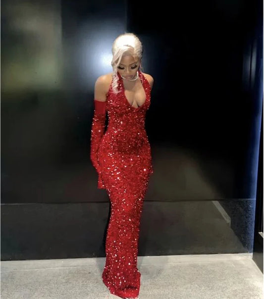 Bezauberndes glitzerndes Meerjungfrau-Neckholder-Ballkleid mit Pailletten und Perlen, Partykleid, Abendkleid DP6473