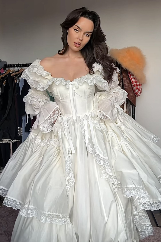 Princess A-Line Long Sleeves White Long Evening Gown Birthday Outfits, DP3370