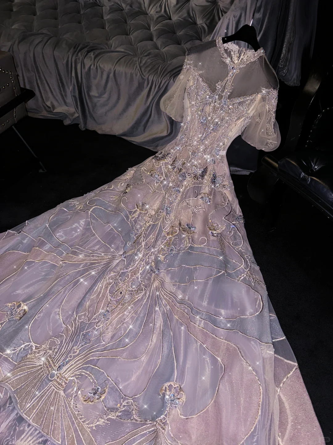 Glamorous Lavender Tulle Sequin Embroidery Sheer Sleeve Evening Gown DP7334