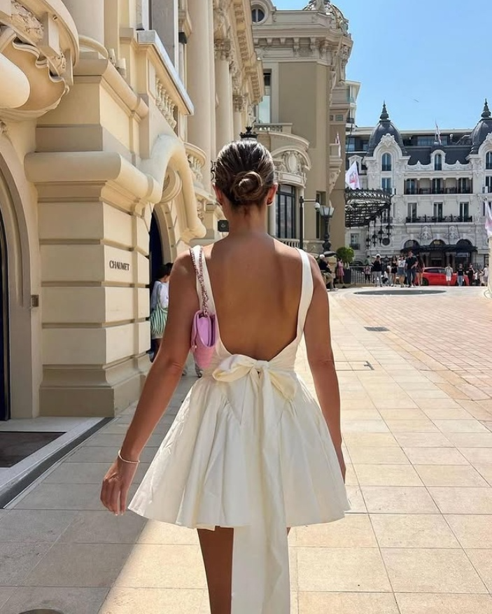 White A-Line Backless Bowknot Lovely Birthday Outfit Homecoming Dress, DP3200