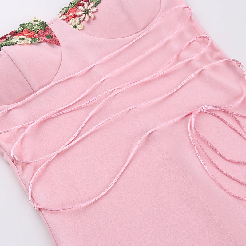 Vintage Applique Floral Spaghetti Strap Meerjungfrau Langes Sommerkleid Ballkleid Abendkleid DP6404