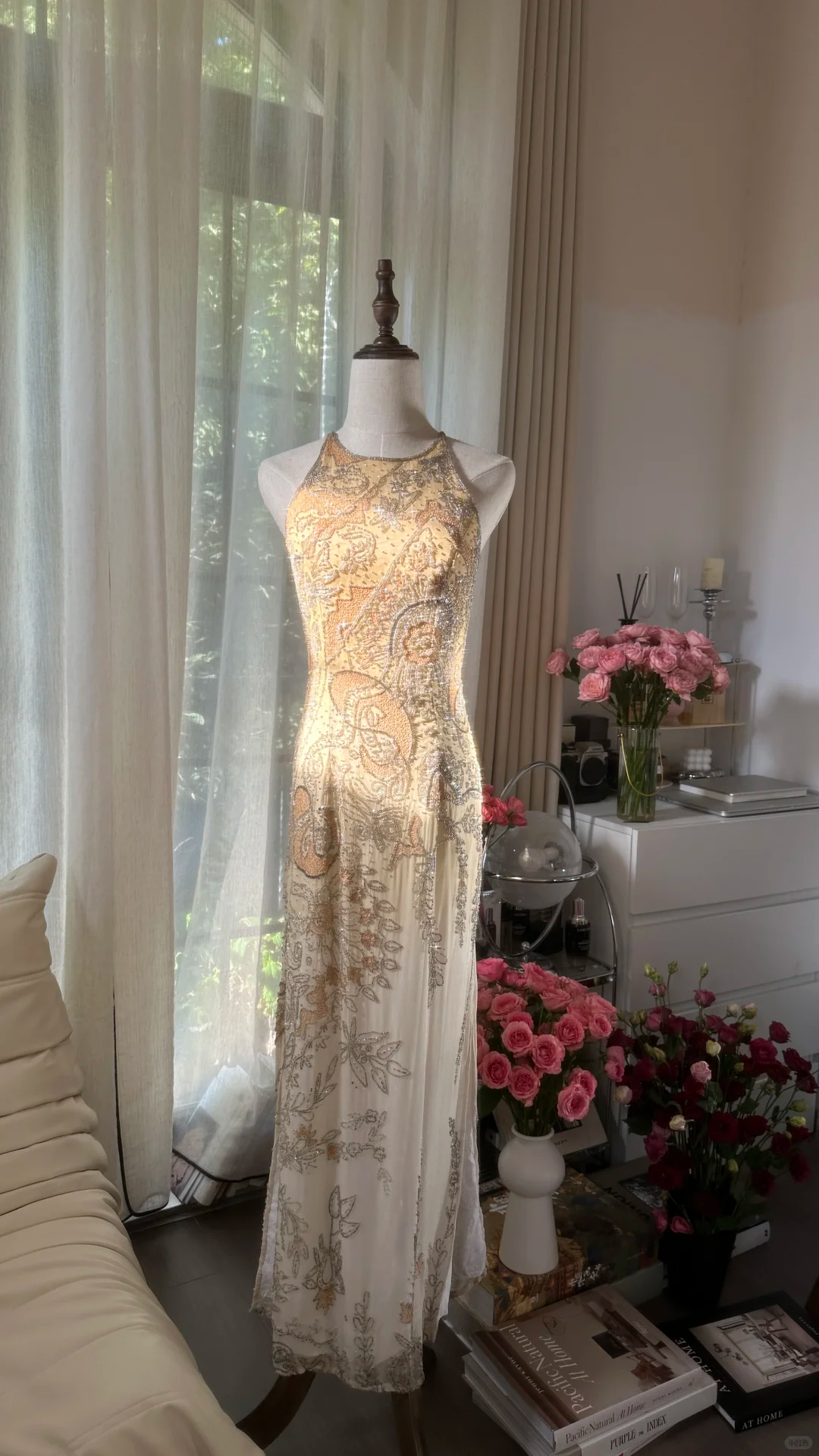 Retro Golden Sparkling Beaded Halter Dress Elegant Chiffon Evening Dress Prom Dresses DP5998
