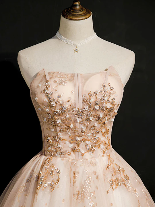 Vintage Champagne Applique Beaded Strapless Design A-line Tulle Party Dress Homecoming Dress DP6063