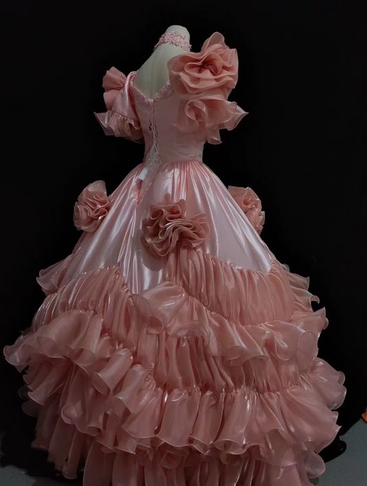 Vintage Coral Pink Ruffled 3D Floral Appliques Sweet 15 Quinceanera Ball Gown DP8069