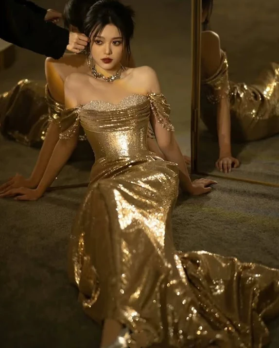 Robe de soirée longue style sirène à paillettes, épaules dénudées, couleur champagne doré, DP5512