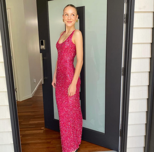 Fuchsia Spaghettiträger Pailletten Meerjungfrau Langes Partykleid, DP2633