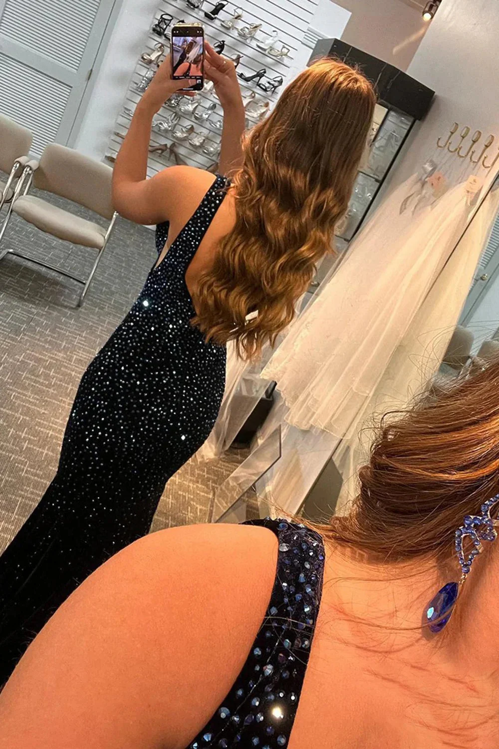 Black Beading Deep V-neck Mermaid Prom Dress,DP382