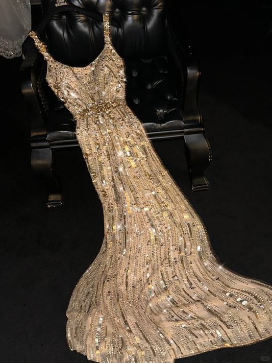 Gorgeous Champagne Gold Sequin Spaghetti Strap Mermaid Sparkly Formal Evening Gown DP7339