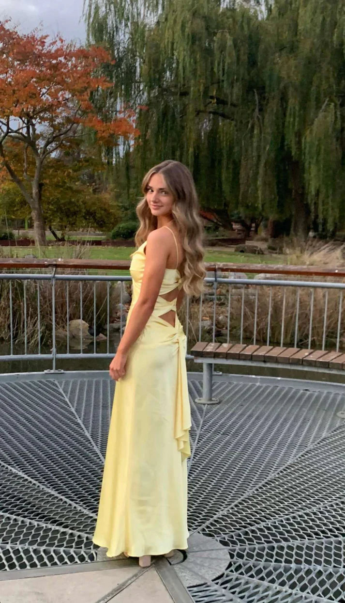 Vintage Gelb V-Ausschnitt Meerjungfrau Satin Spaghettiträger Partykleid Abendkleid Brautjungfernkleid DP6304