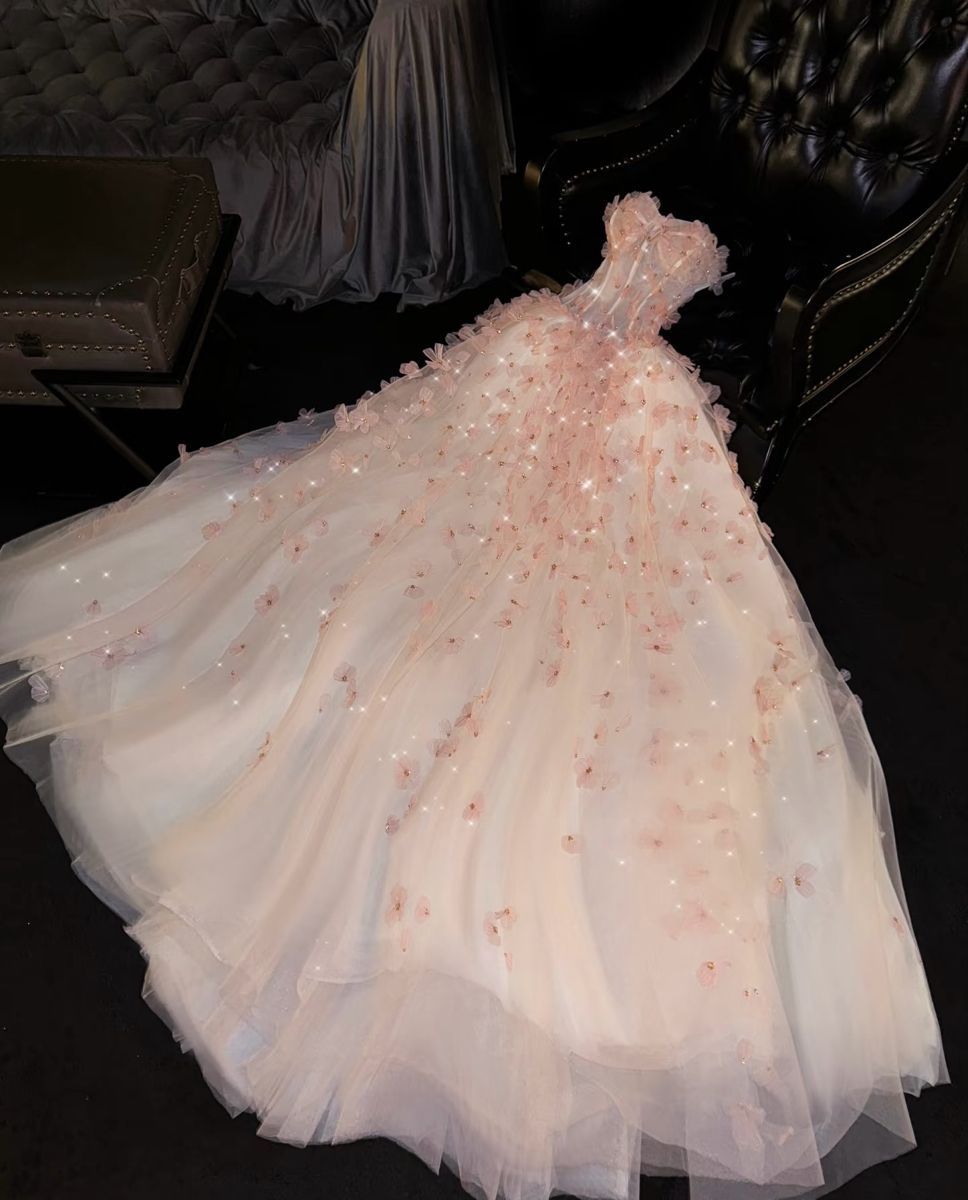 Vintage Pink 3D Floral Strapless Sparkle Tulle A-Line Sweetheart Evening Gown DP7398