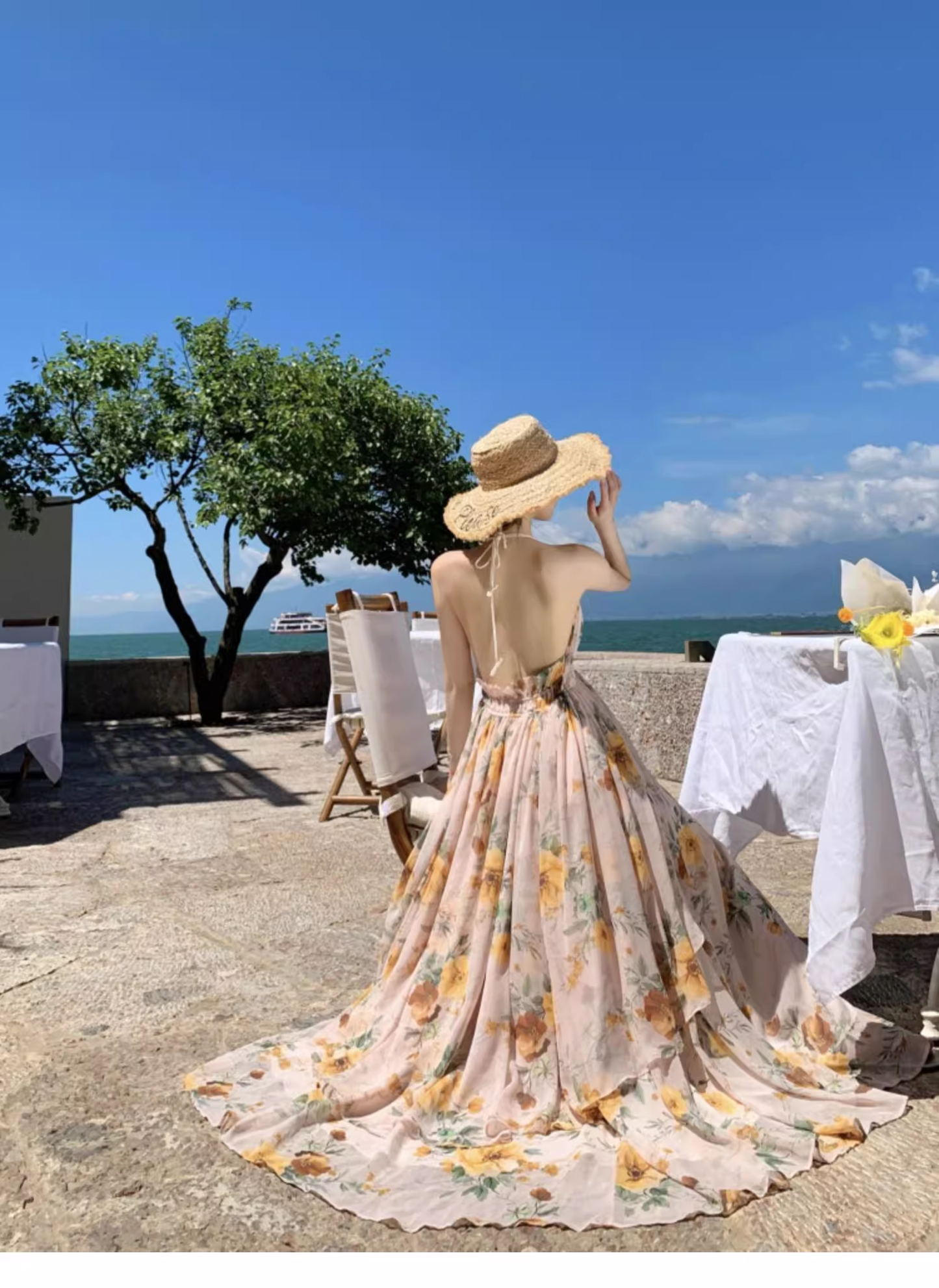 Robe trapèze sans manches à col en V et motif floral, élégante, idéale pour les vacances à la plage, DP6257