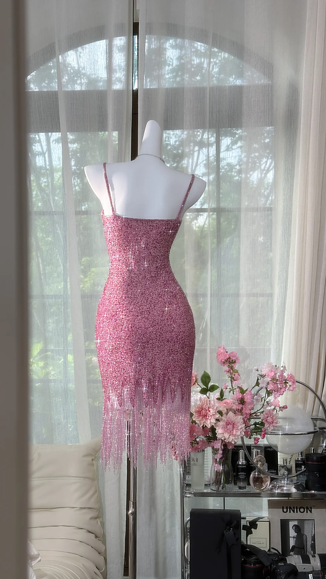 Vintage Pink Sparkling Sequin Spaghetti Strap Tassels Hem Romantic Evening Dress Prom Dresses DP6140
