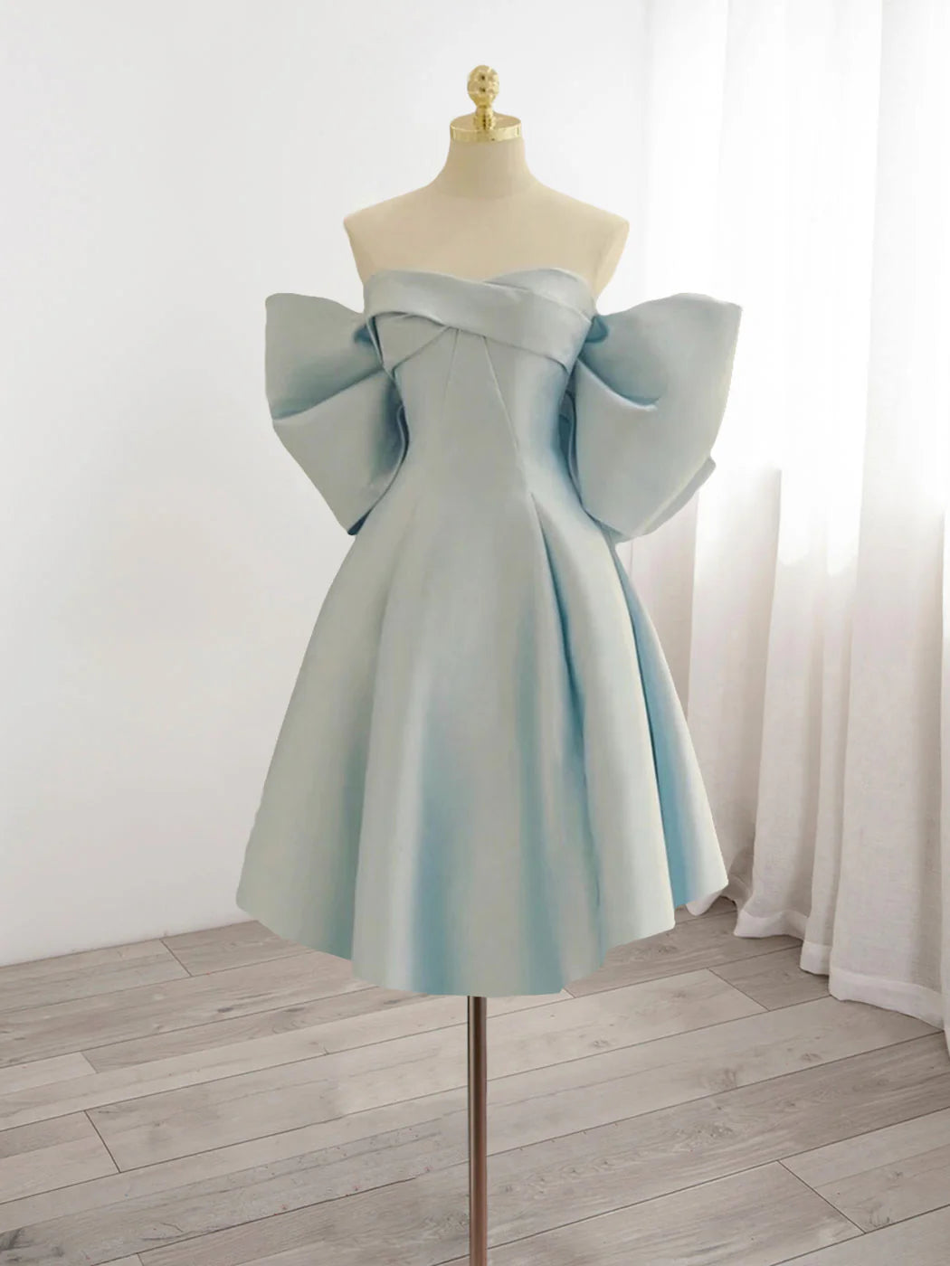 Vintage Light Blue Sweetheart Strapless Bow Design A-line Satin Party Dress Homecoming Dress DP6080
