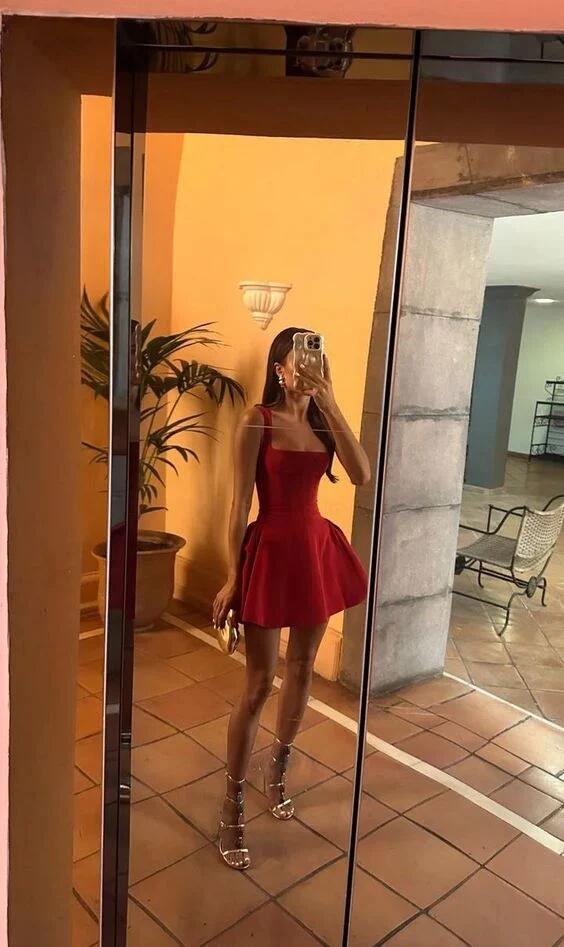 Robe courte trapèze à bretelles rouges, tenue d'anniversaire, DP3123