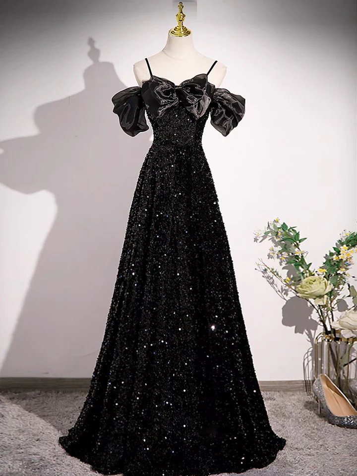 shiny black prom dress Black Prom Dress A Line Lace Appliques Shiny Tulle Prom Dress With Detachable Sleeves