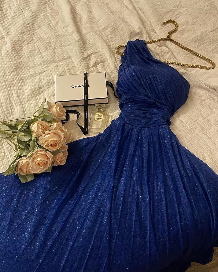 Robe de soirée longue bleu roi asymétrique, coupe trapèze, DP3328