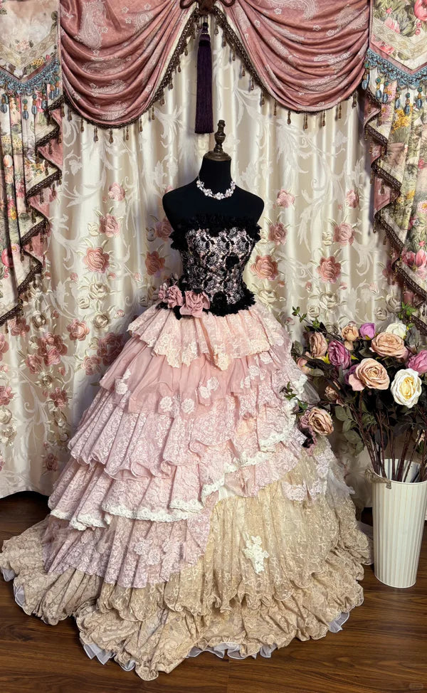 Vintage Pink Lace Strapless Tiered Sweet 16 Quinceanera A-Line Evening Dress Ball Gown DP6280
