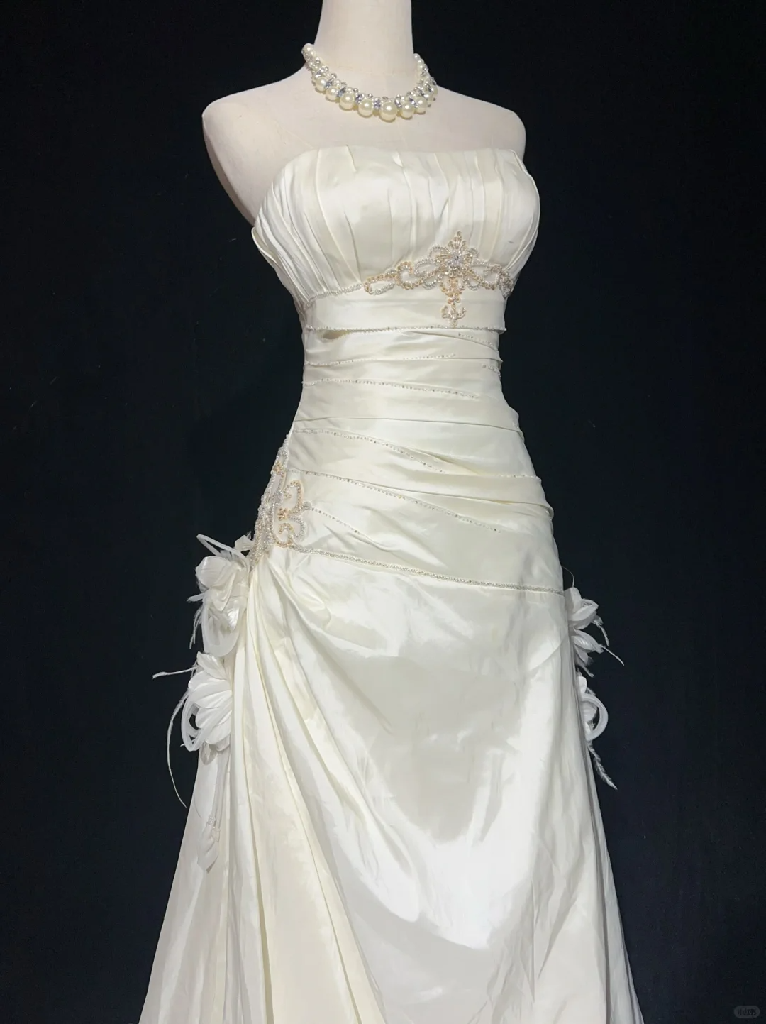 White Strapless A-Line Satin Beading Vintage Long Party Dress Bridal Dress, DP4883
