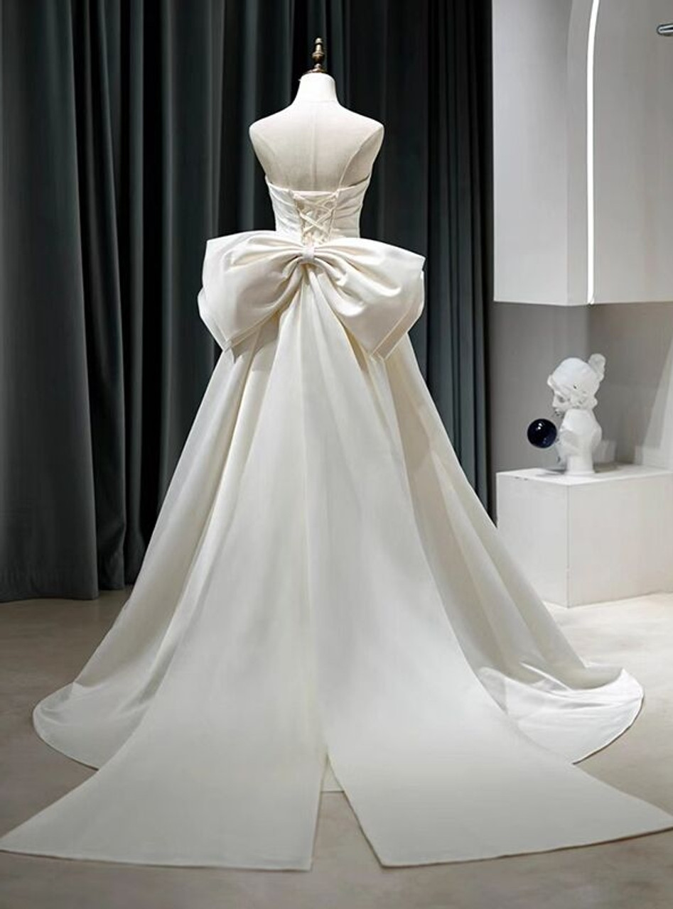 White Strapless A-Line Satin Light Wedding Dress Long Evening Gown, DP3480