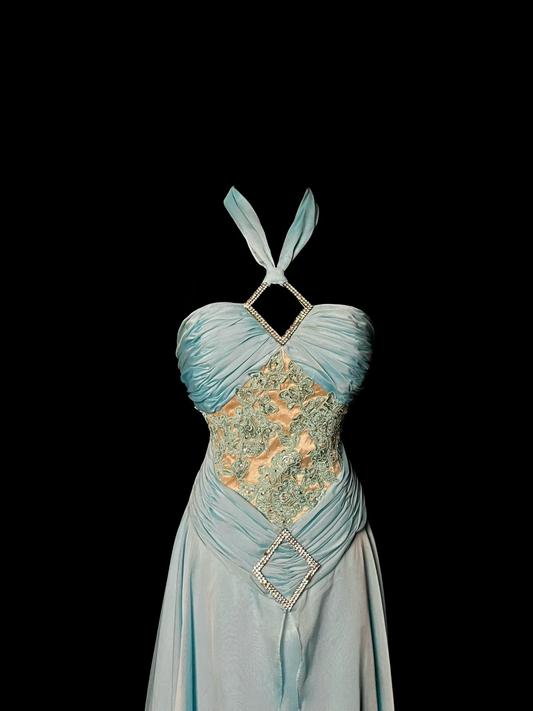 Blue Halter Neck A-Line Chiffon Vintage Long Party Dress Formal Prom Dress, DP5408