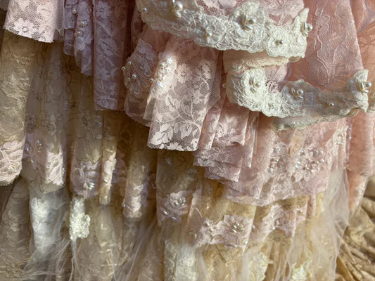 Vintage Pink Lace Strapless Tiered Sweet 16 Quinceanera A-Line Evening Dress Ball Gown DP6280