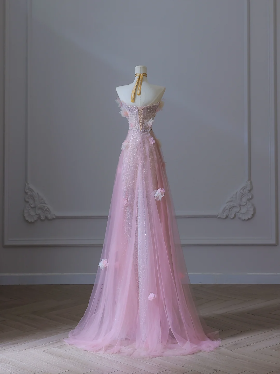 Pink Sweetheart A-Line Sequins Tulle Long Formal Prom Dresses Birthday Outfits, DP5138