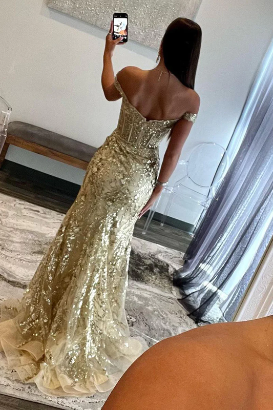 Gold Sequin Lace Off the Shoulder Mermaid Prom Dress,DP0190