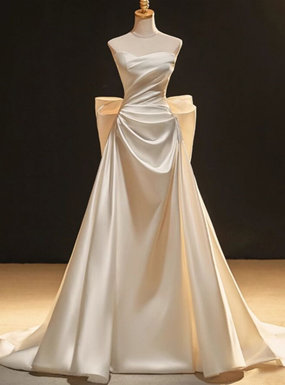 White Strapless A-Line Satin Light Wedding Dress Long Evening Gown, DP DSProm White Strapless A-Line Satin Light Wedding Dress Long Evening Gown, DP DSProm