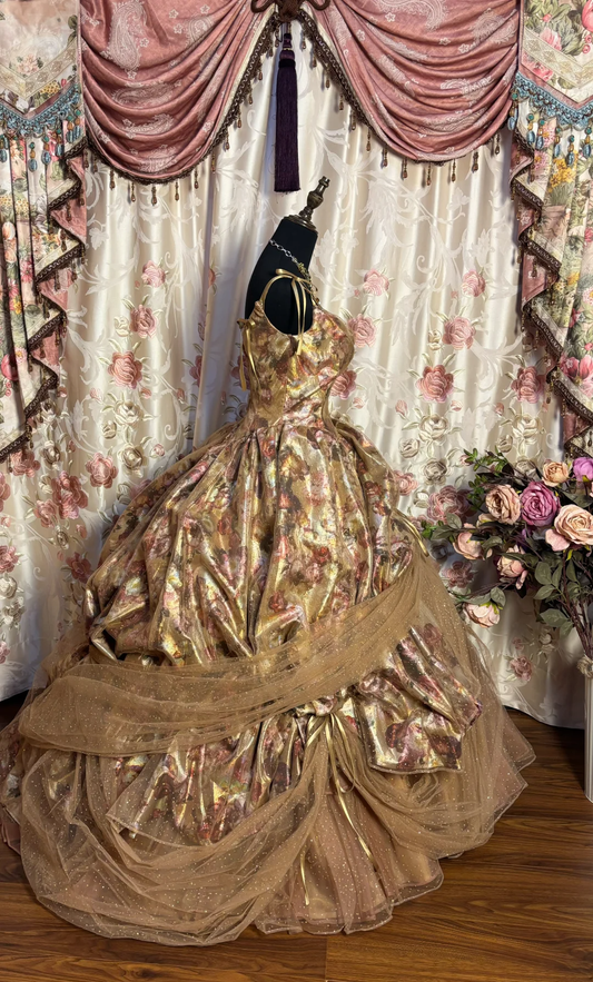 Retro Straps A-Line Printed Tulle Long Formal Evening Gown Birthday Ball Gown, DP5131