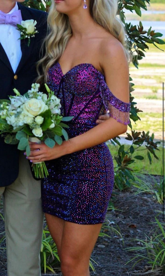 Dark Purple Sheath Off-the-shoulder Beaded Short Party Dress Homecoming Dress, DP3427