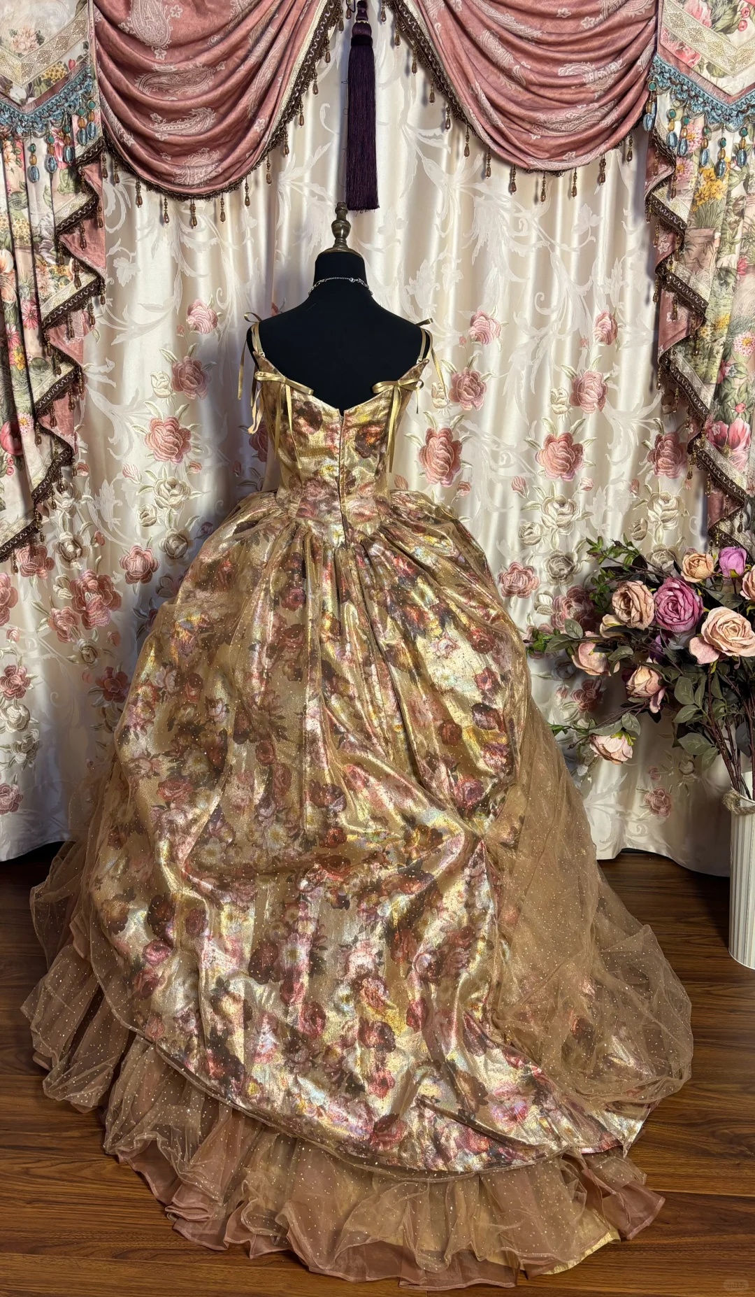 Retro Straps A-Line Printed Tulle Long Formal Evening Gown Birthday Ball Gown, DP5131