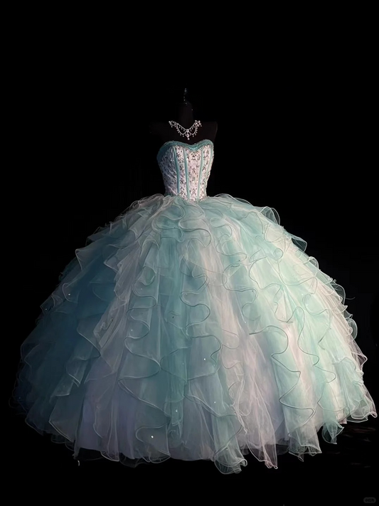 Light Blue Strapless A-Line Beading Ruffles Quinceanera Dress Birthday Ball Gown, DP5155