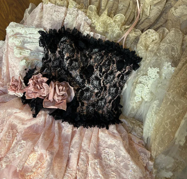 Vintage Pink Lace Strapless Tiered Sweet 16 Quinceanera A-Line Evening Dress Ball Gown DP6280