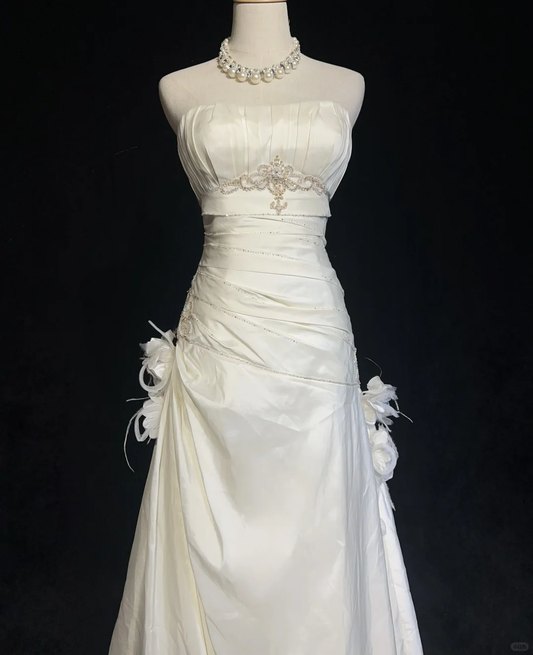 White Strapless A-Line Satin Beading Vintage Long Party Dress Bridal Dress, DP4883